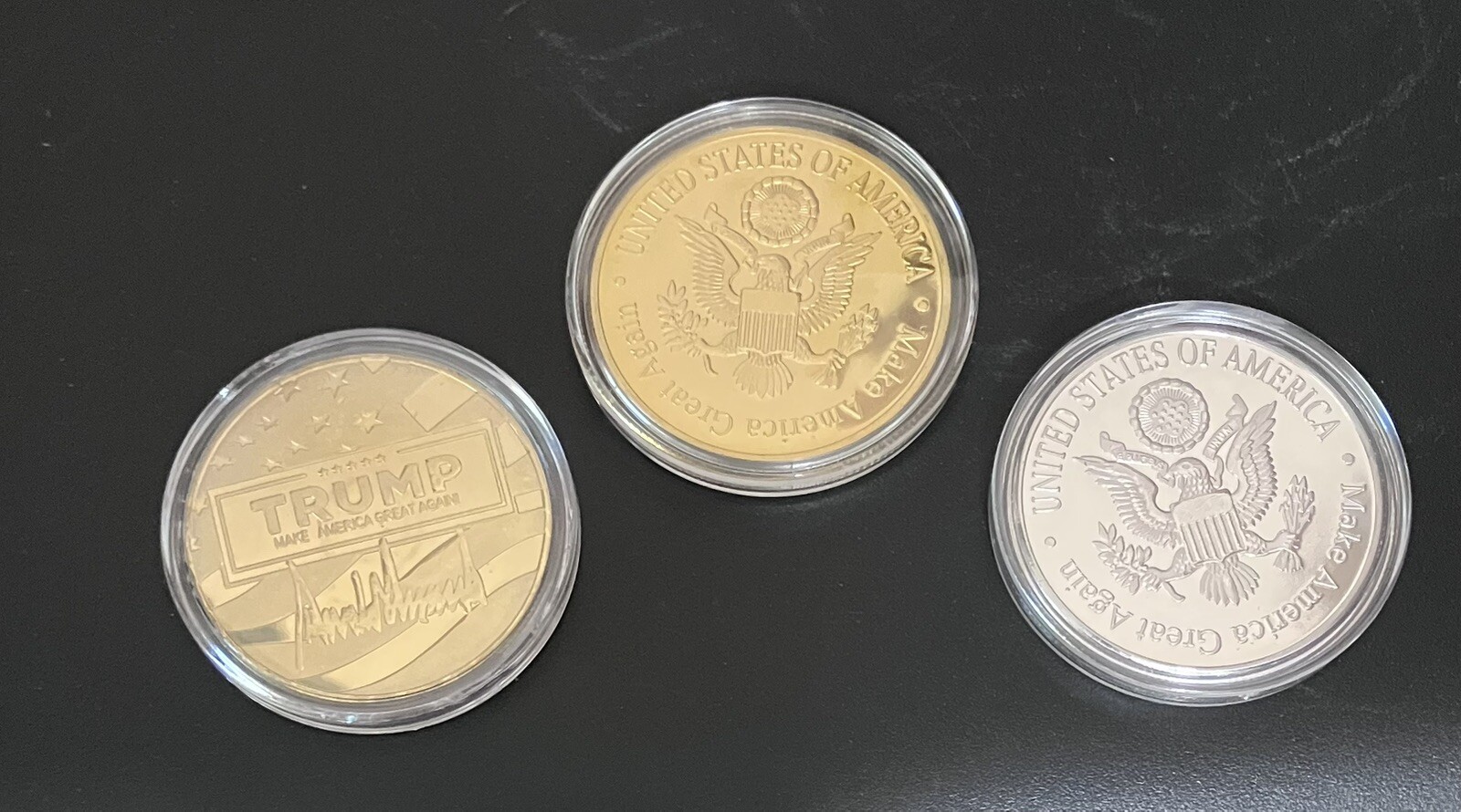 3 Different President Trump Coins, Colorized & In Hard Plastic Capsules (1780)