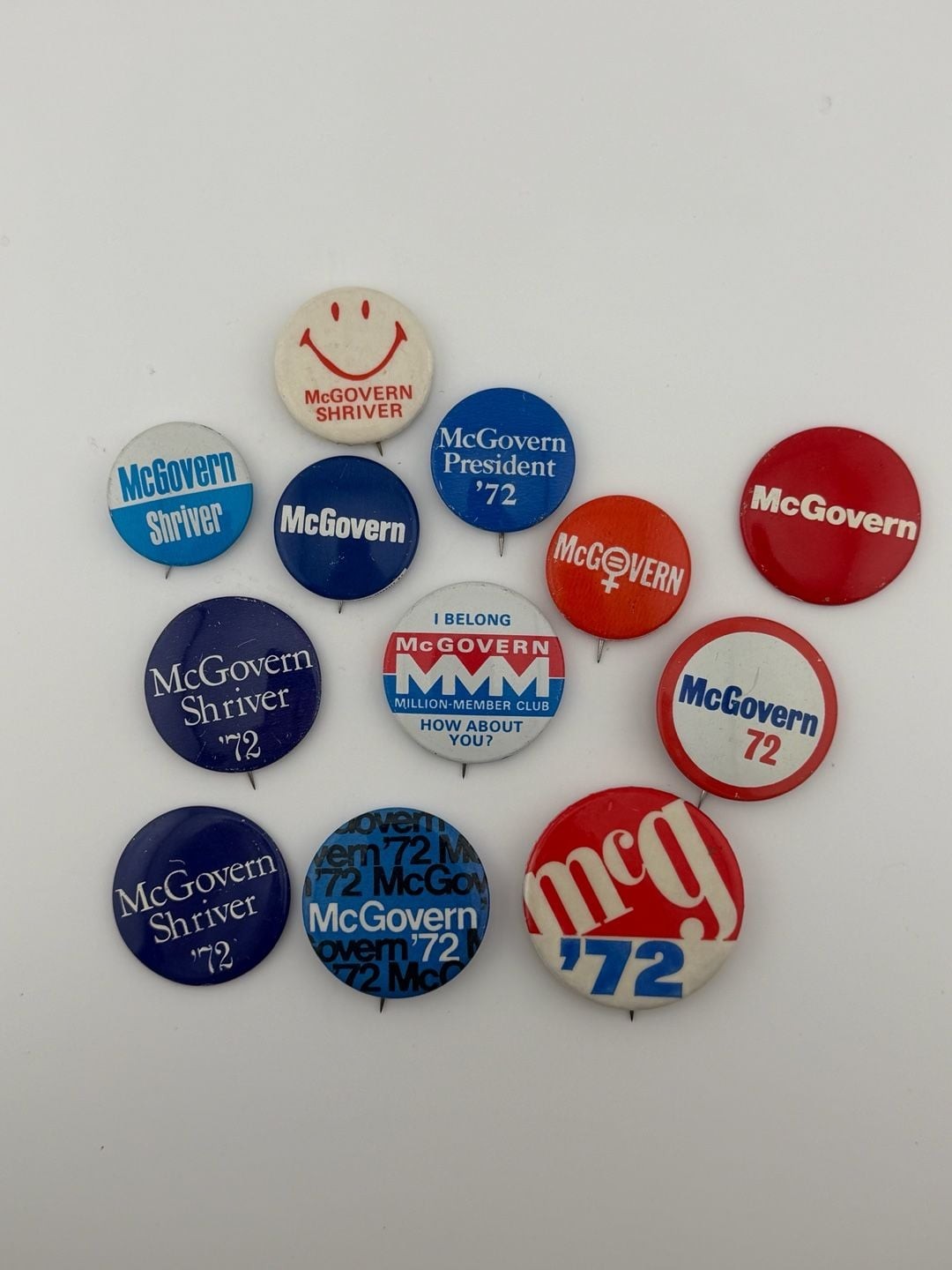 McGovern Shriver 1972 Button Lot (12) Feminist Smiley Litho Vintage Political