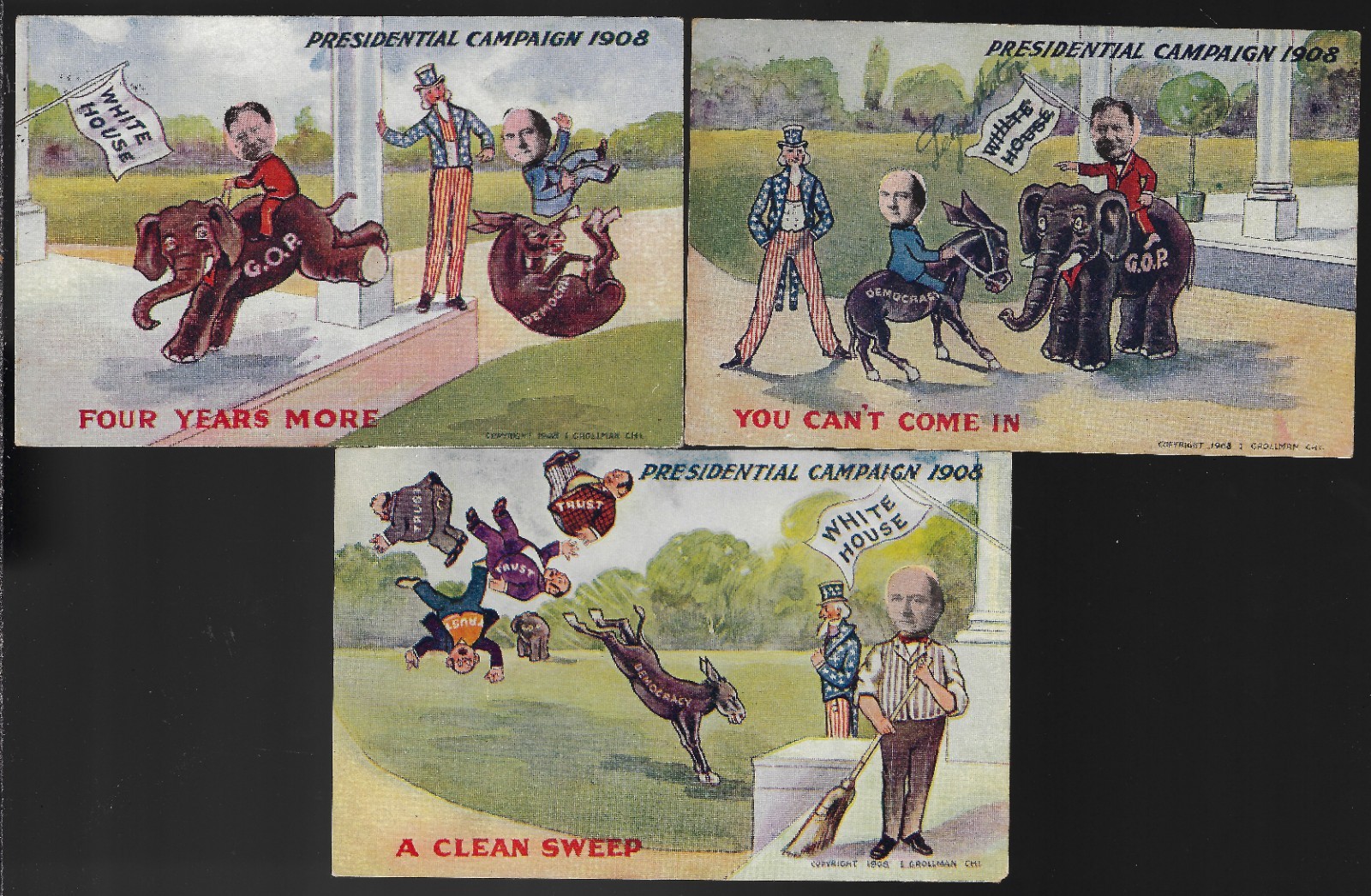 3-1908 White House ‘toon Prez Campaign Postcards Taft Bryan Grollman Set of 16
