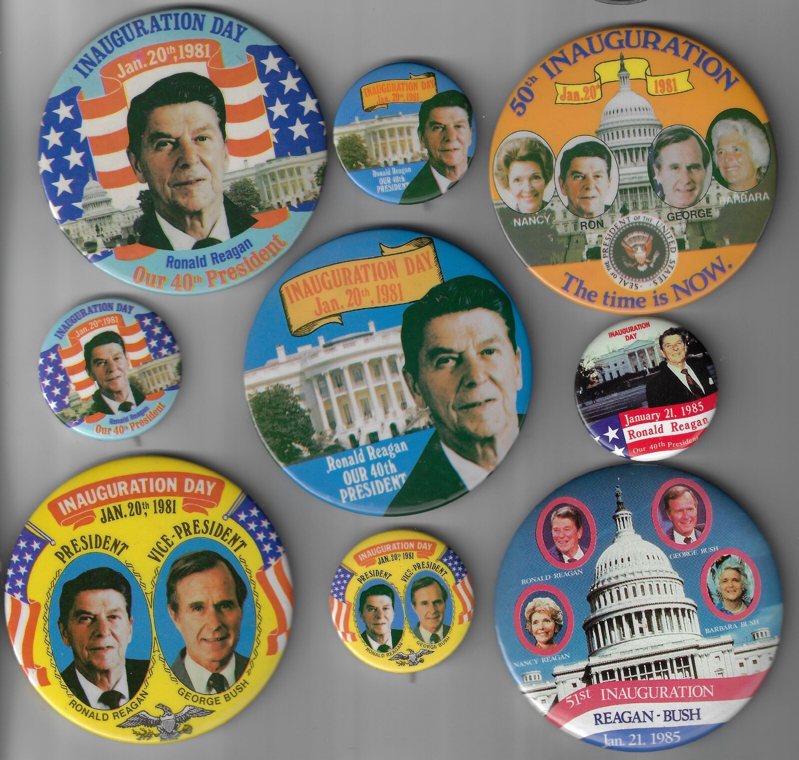 Group of 9-1981 & ’85 Ronald Reagan Inaugural Pins George Bush Nancy & Barbara
