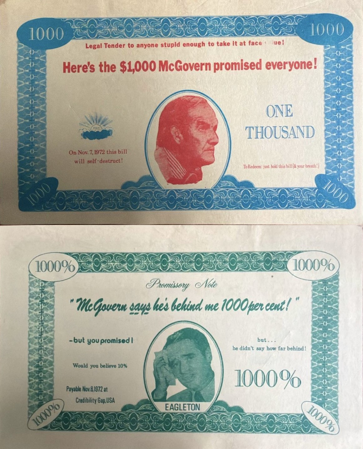 1972 $1000 McGovern Eagleton Bill Political Satire Campaign Flyer Set (OM Stock)