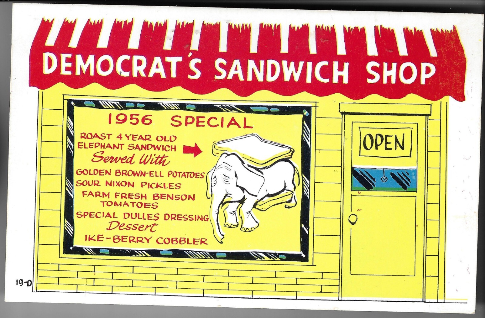 1956 Democrats Sandwich Shop Prez Campaign Cartoon Postcard anti-Ike Red Print