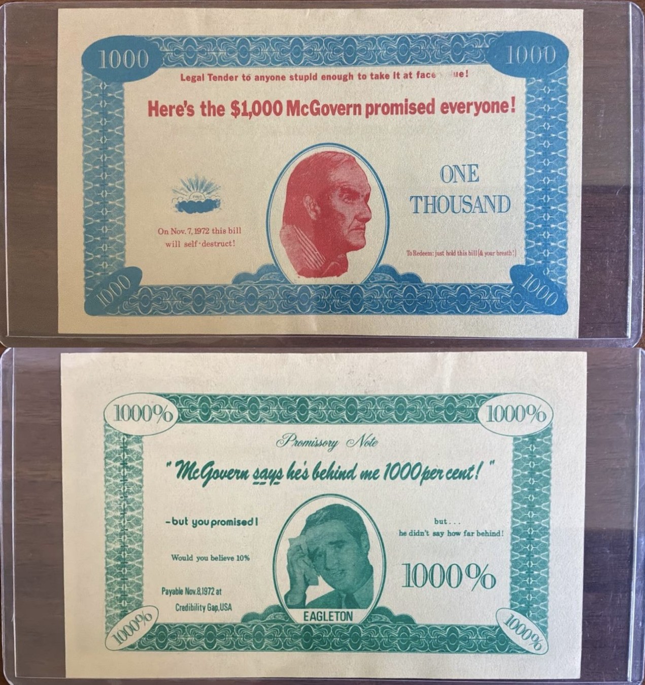 1972 $1000 McGovern-Eagleton Satirical Campaign Bill Novelty Note (OM Stock)