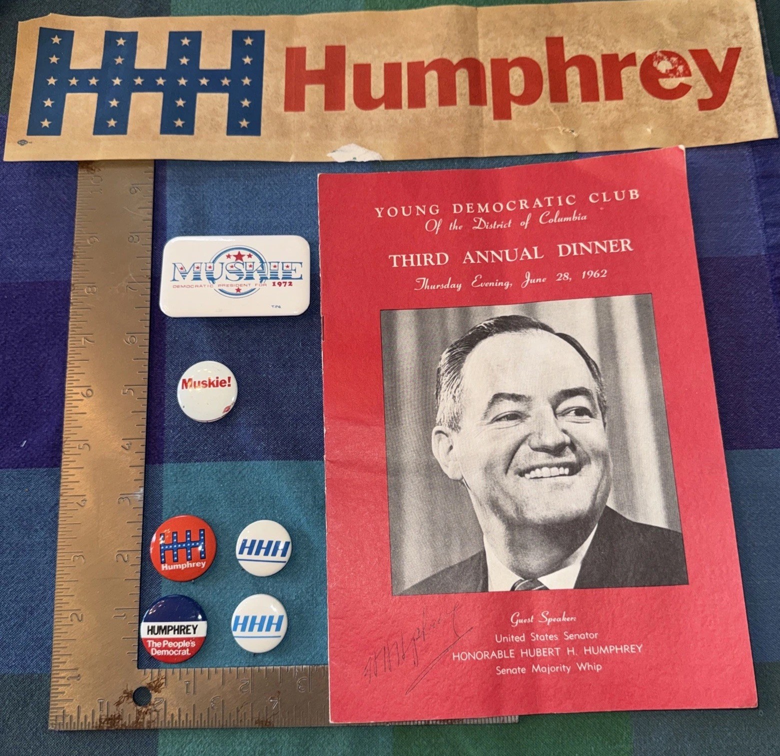 HH Humphrey Autograph & Political Campaign, Young Democrat Club Booklet, Buttons