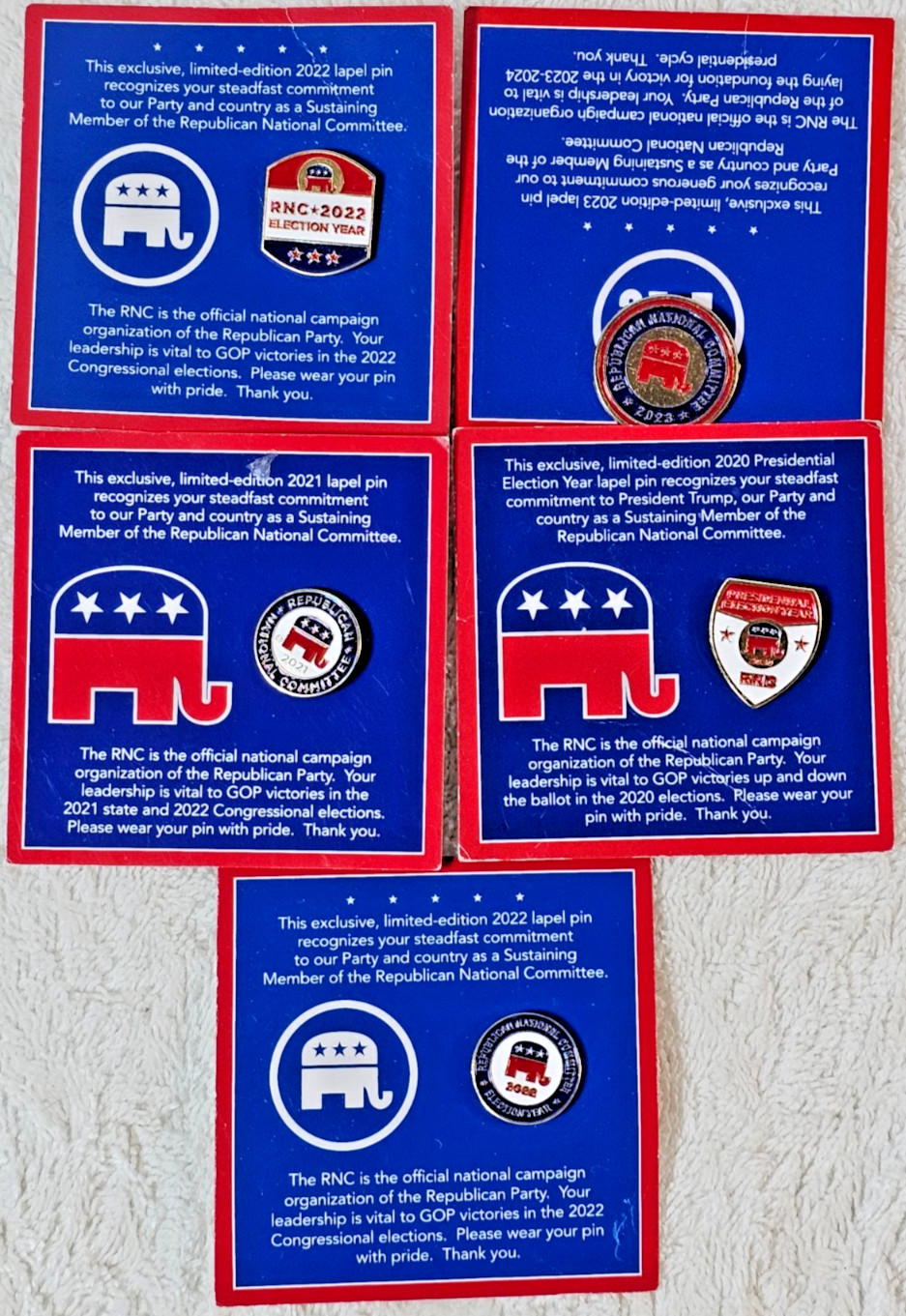 Lot of 5 RNC Republican Lapel Pins 2020–2023 Election Year GOP Cards