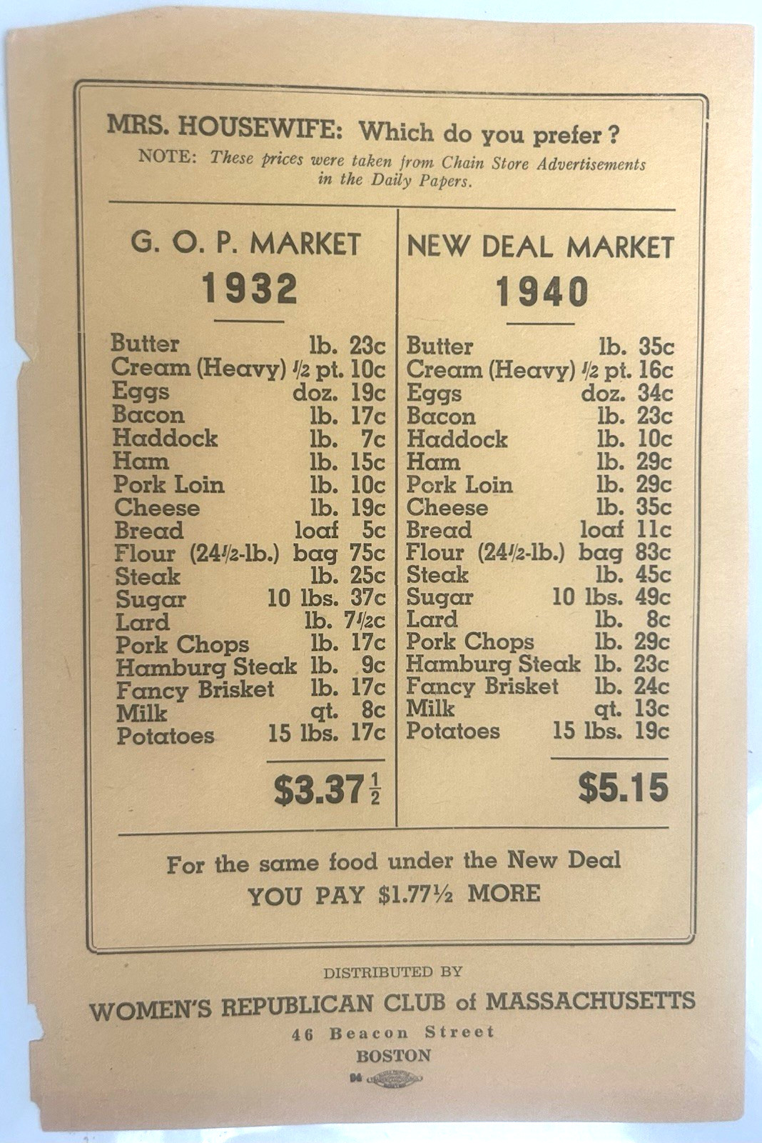 1932 FDR vs 1940 Willkie Appeal To Housewives Flyer – Womens Repub. Club of MA