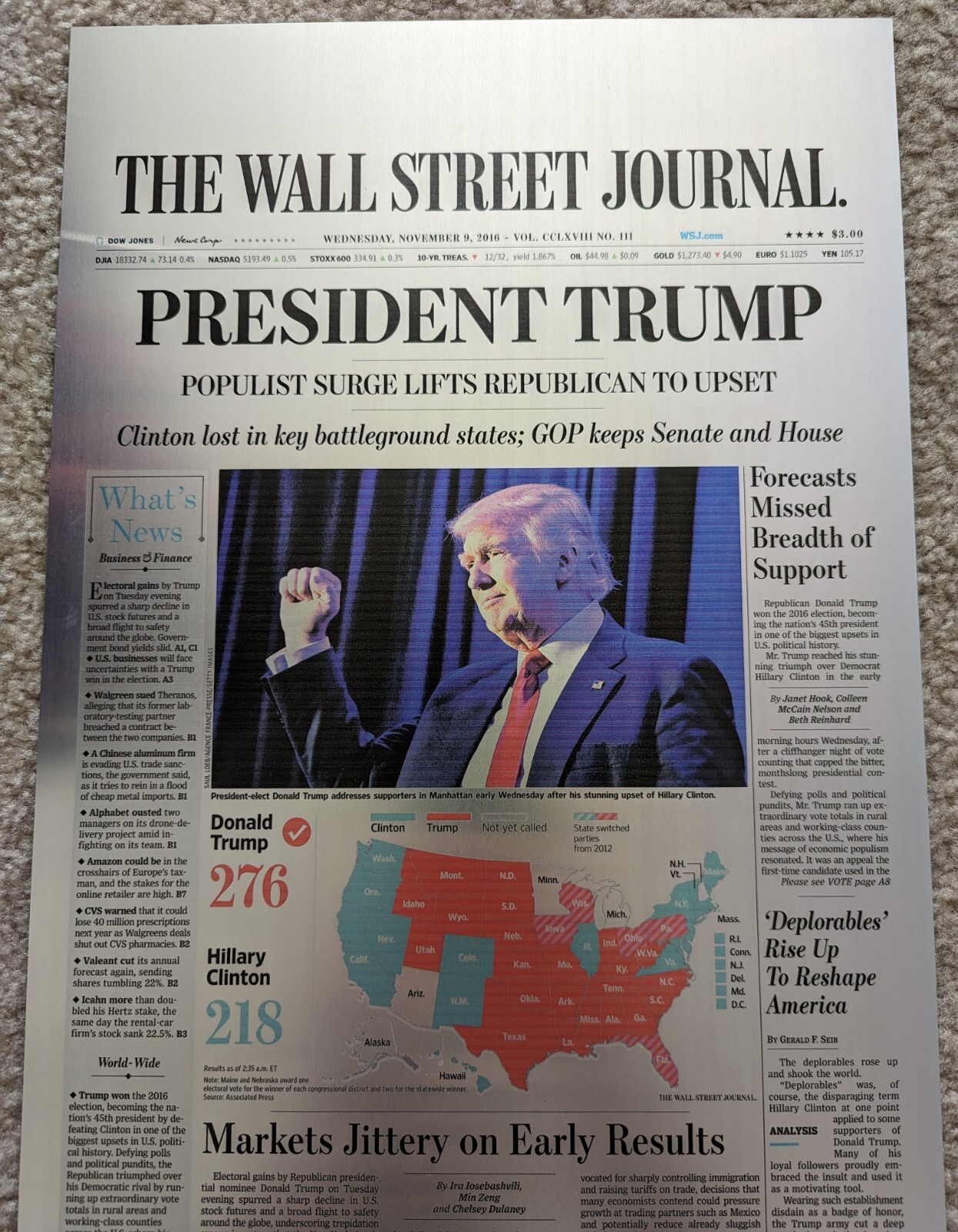 President Donald Trump 2016 Election Aluminum Printing Plate Wall Street Journal
