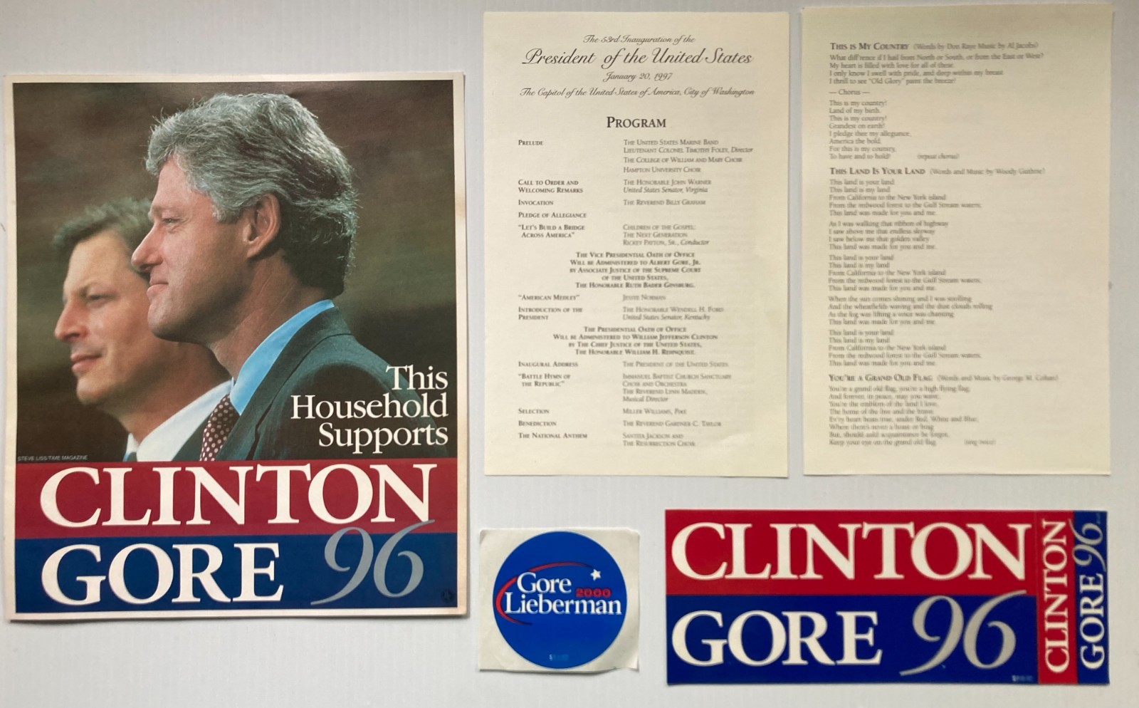 96 CLINTON GORE CAMPAIGN PHOTO BUMPER STICKER 2 PRESIDENT INAUGURATION PROGRAMS