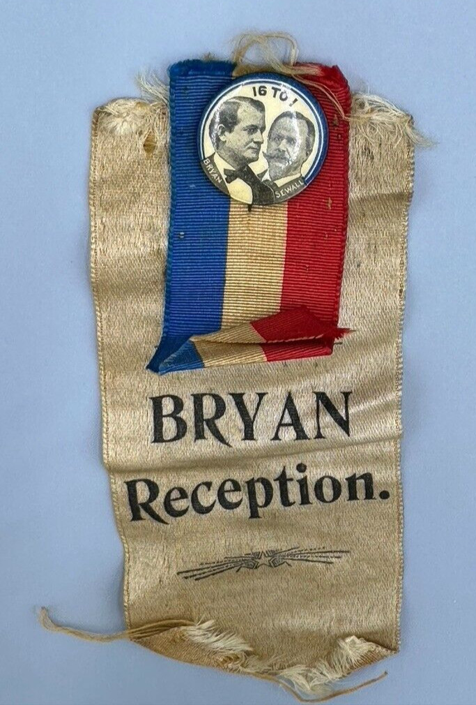 1896 William BRYAN & SEWALL US PRESIDENTIAL Campaign Pin 16 TO 1 FREE SILVER