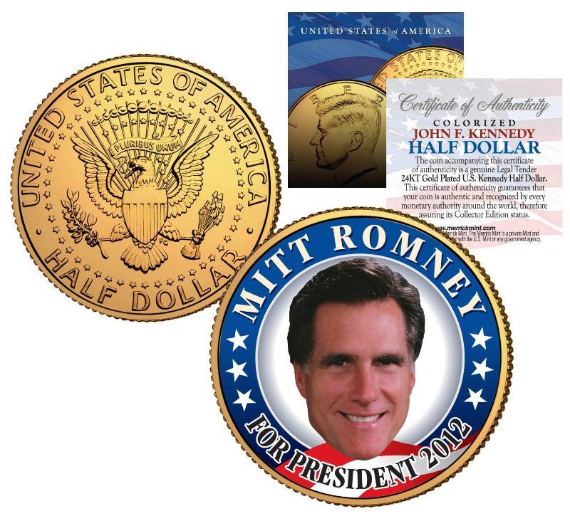 MITT ROMNEY “For President 2012” 24K Gold Plated US Mint JFK Kennedy Half Dollar