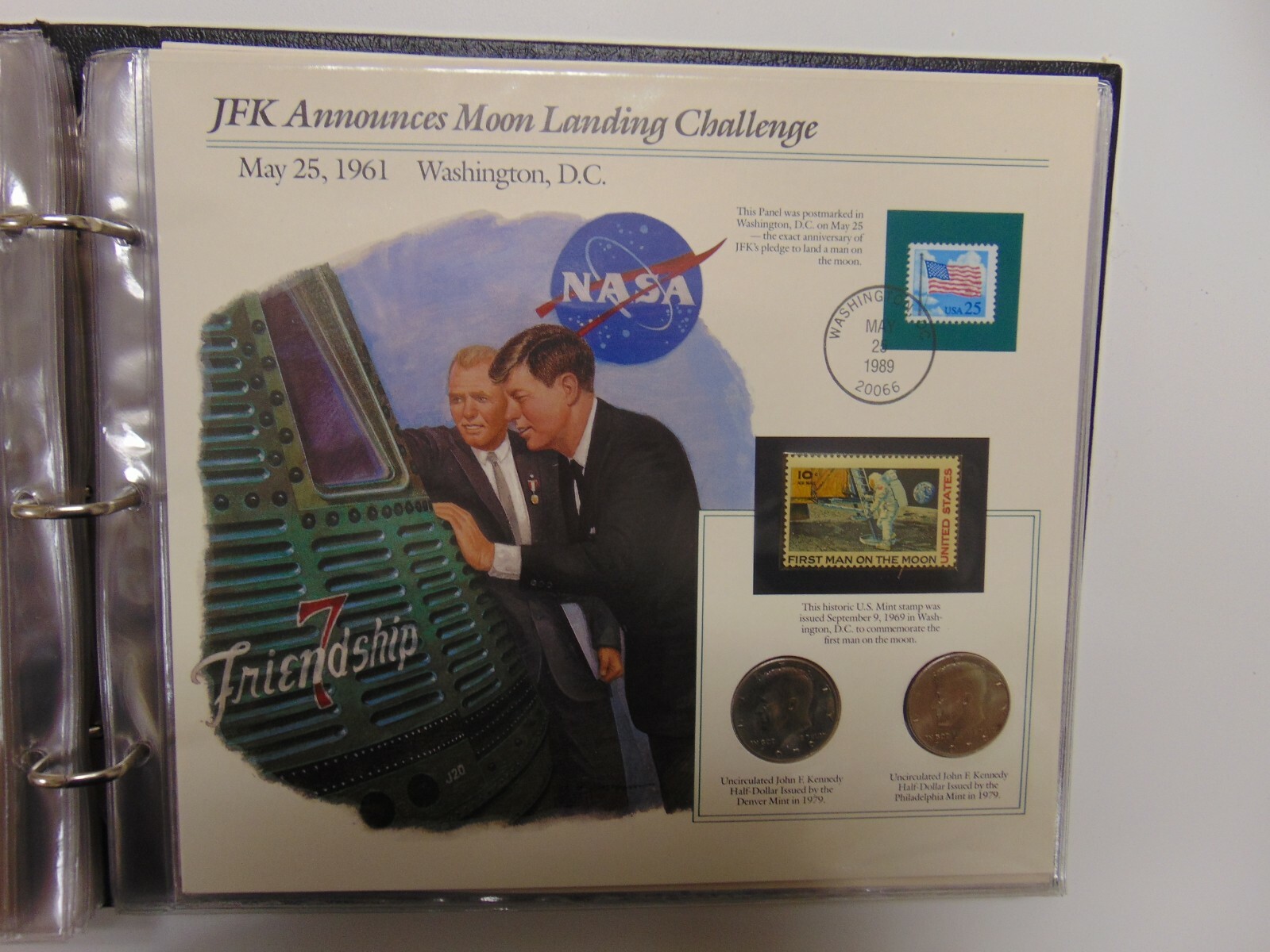 INFORMATION CARD HALF DOLLAR SET & STAMPS COMBO JOHN F KENNEDY MOON LANDING CHAL