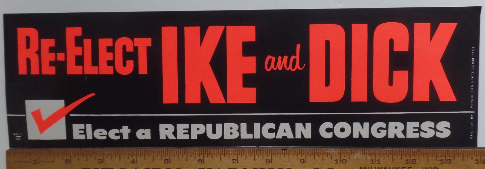 Big 1956 Eisenhower Nixon Re-election Prez Campaign Bumper Sticker GOP Congress
