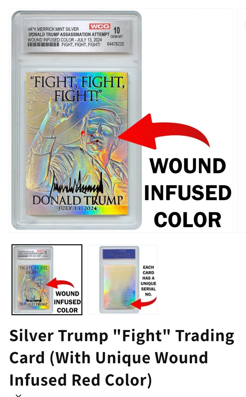 Silver Trump “Fight ” Trading Card ( With Unique Color Infused Wound)