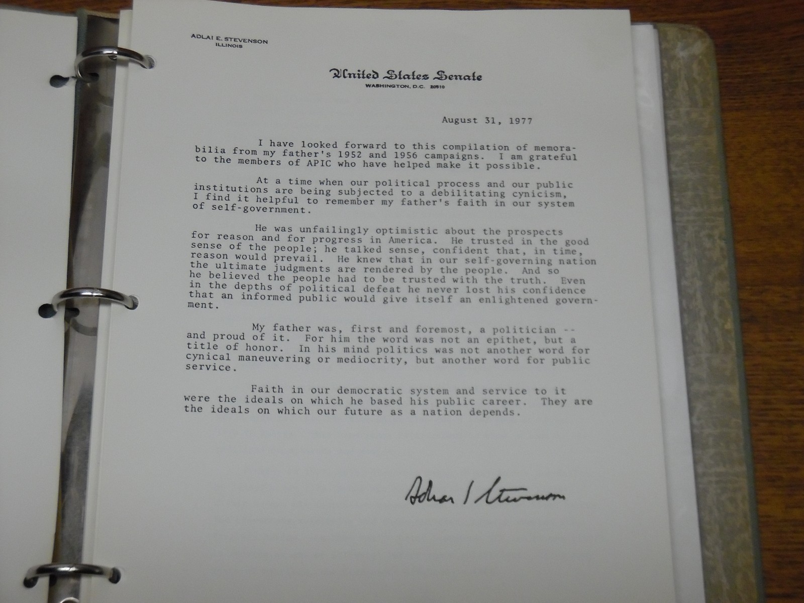 Vintage 1977 APIC Research Project Am. Political Items Binder Adlai E. Stevenson