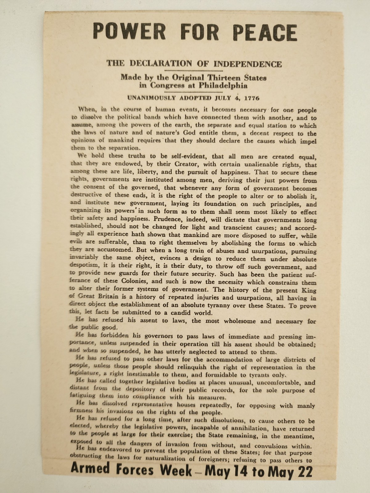Vintage Armed Forces Week Declaration of Independence “Power for Peace”