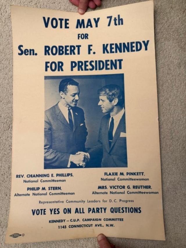 RARE BOBBY KENNEDY PRIMARY WINDOW CARD POSTER WITH REV. CHANNING PHILLIPS–1968
