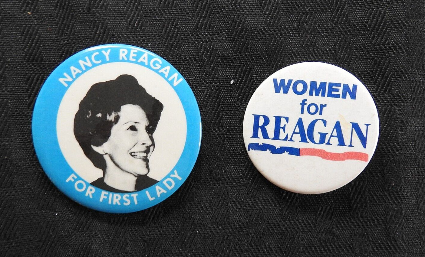 (2) 1980 “Nancy Reagan For First Lady & Women For Reagan” pin buttons RONALD