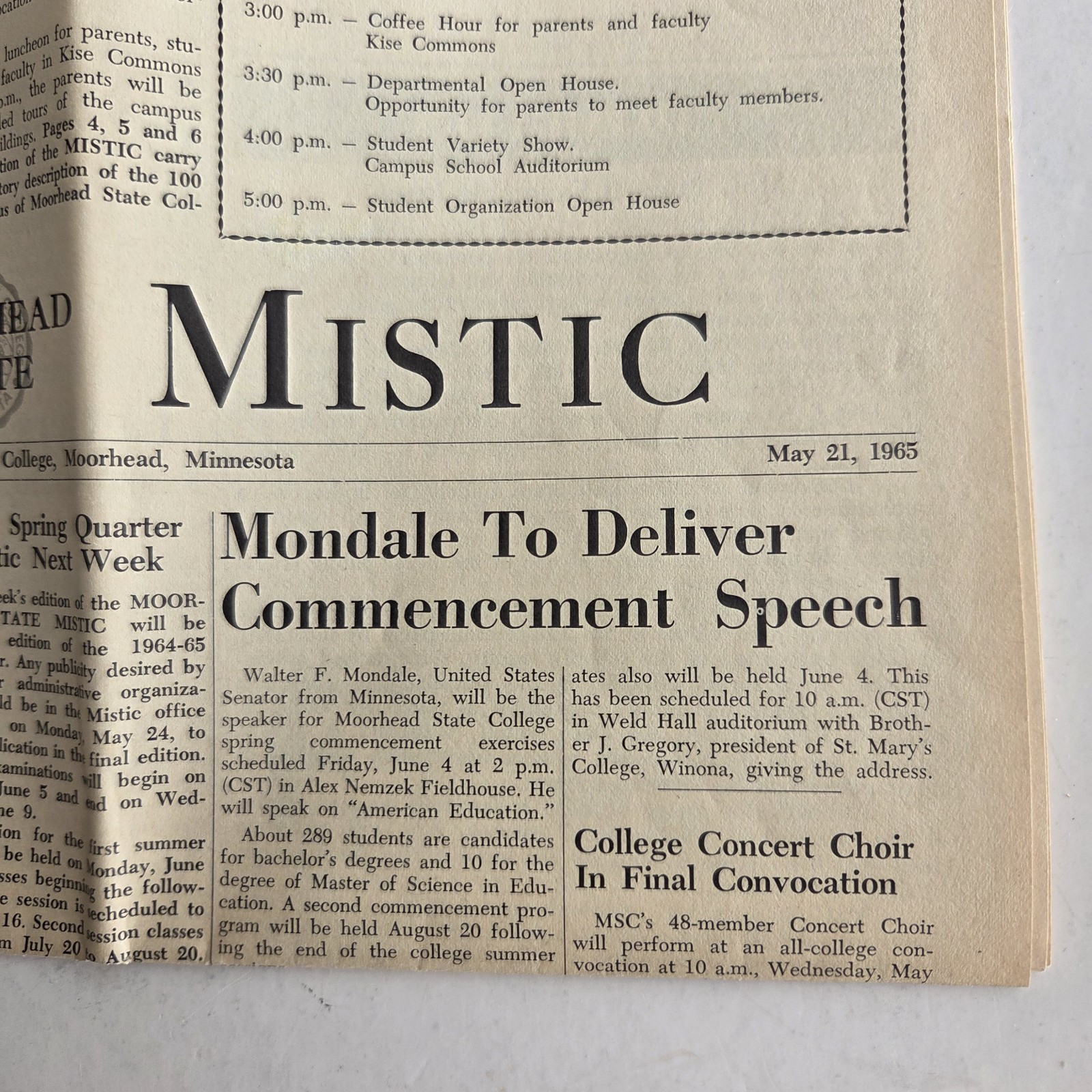 Walter Mondale Senator Speech Ephemera The Mystic Moorhead State College MN