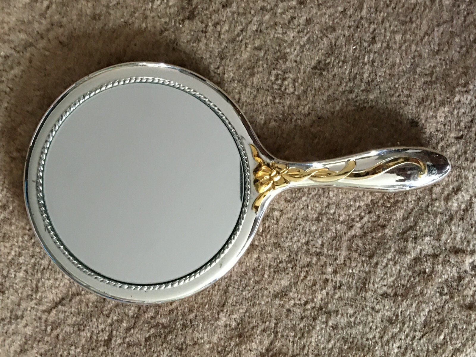 Heavy Vintage Silver Plated Ornate Vanity Hand Mirror w/Gold tone flowers 9.5″ L