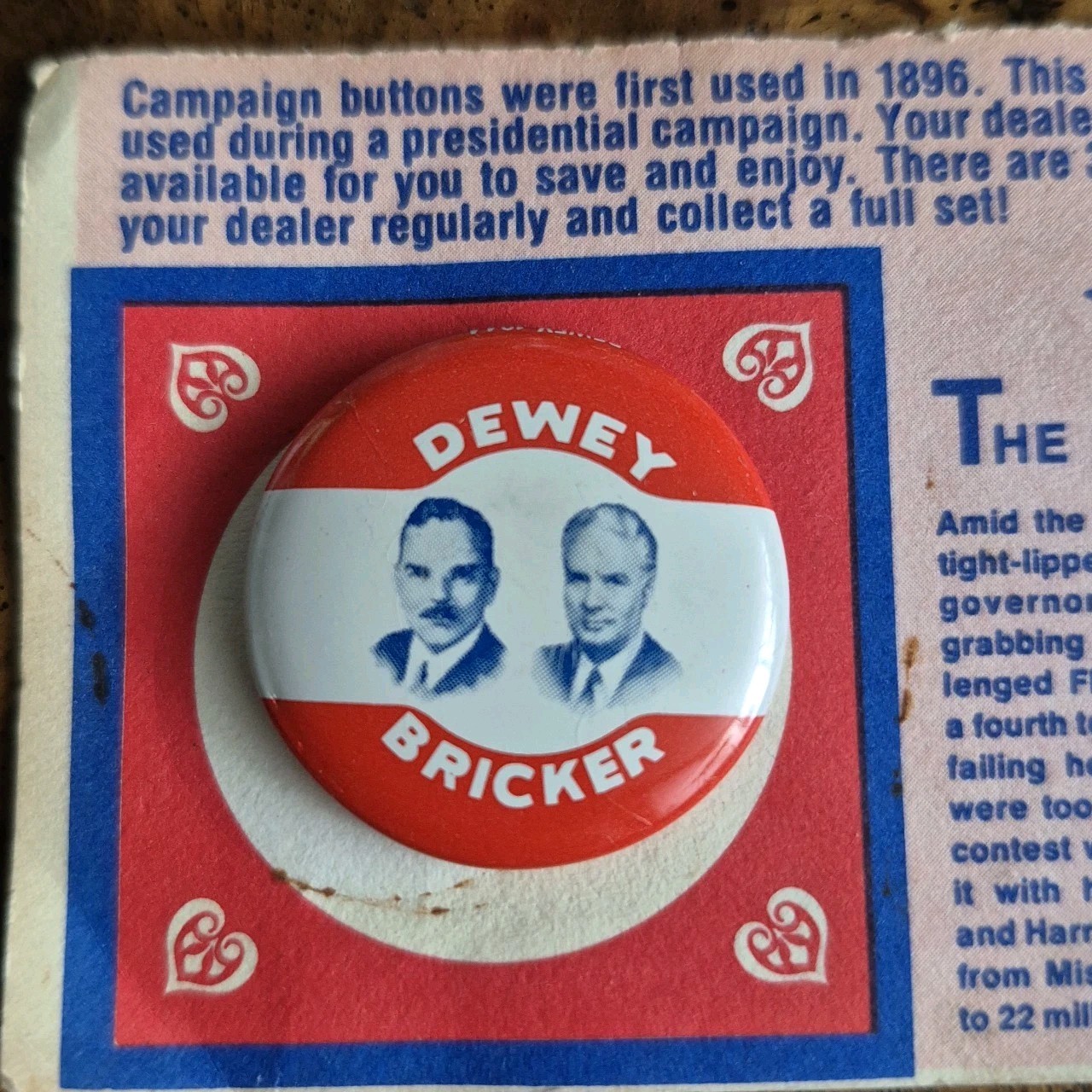 Vintage 1972 Dewey Bricker Presidential Campaign Button Pin 1944 Reproduction