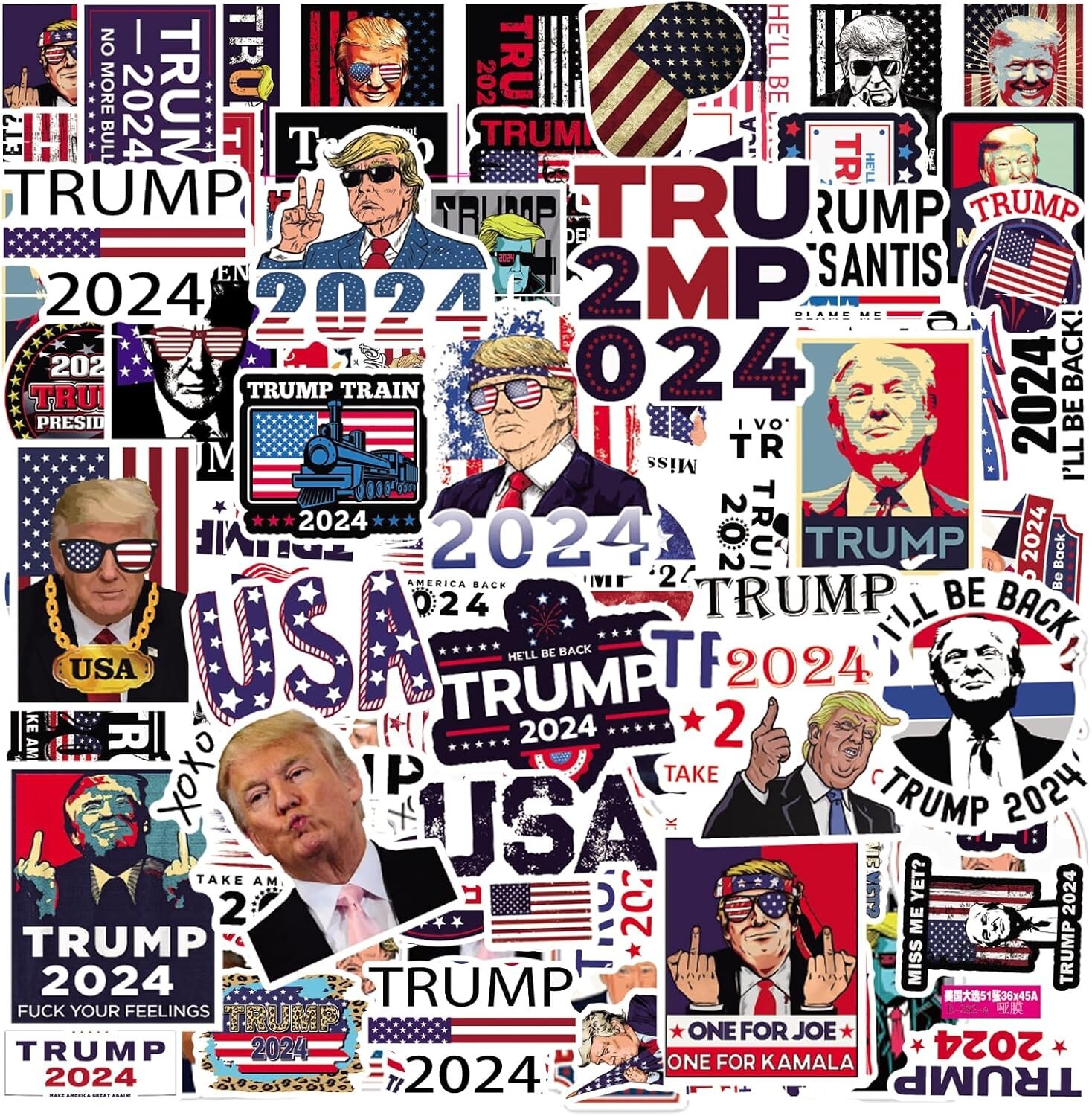 100 pc Donald Trump 2024 Stickers USA Flag Decals Style Waterproof Vinyl