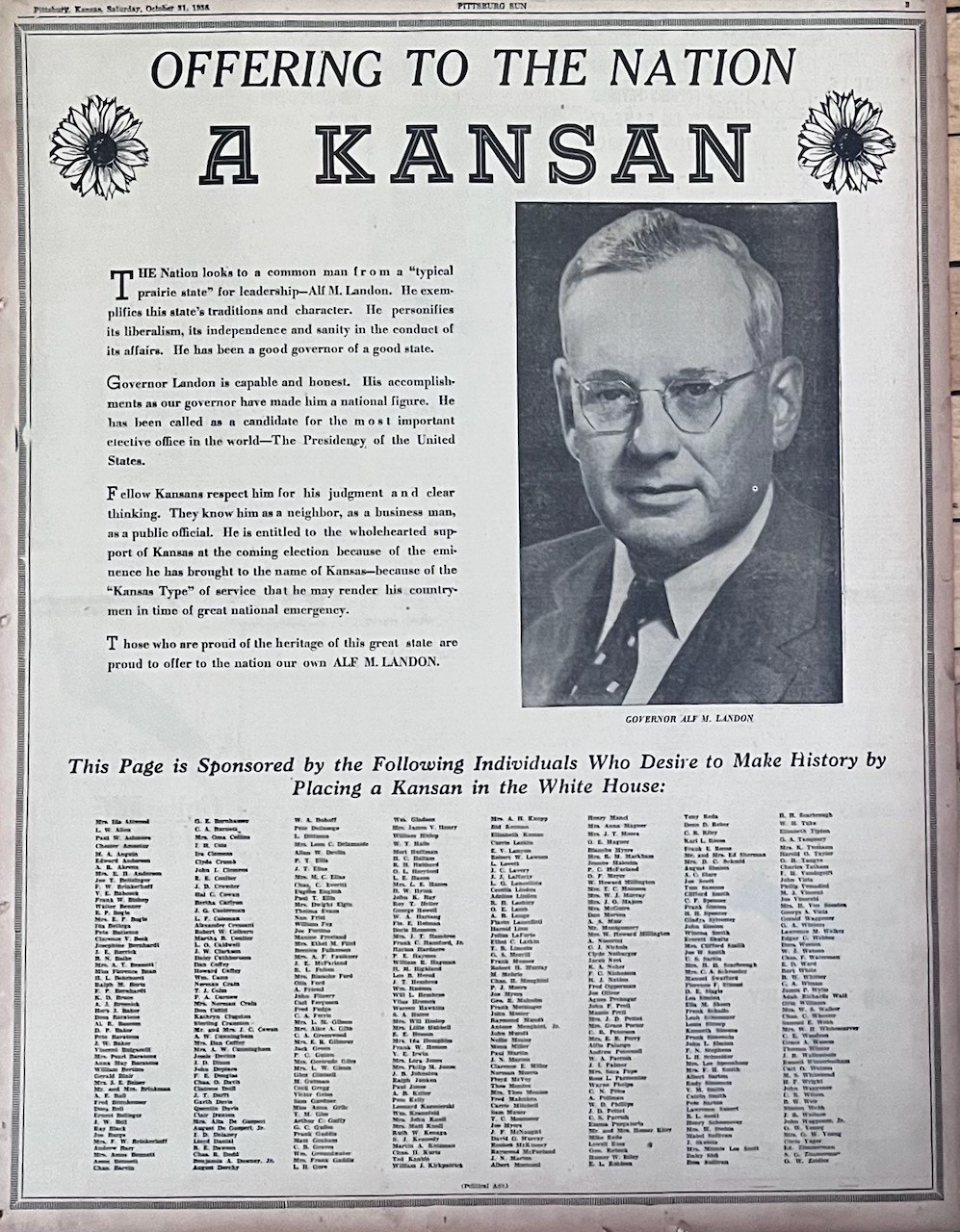 1936 full page newspaper ad for Alf Landon for President – Offering from Kansas
