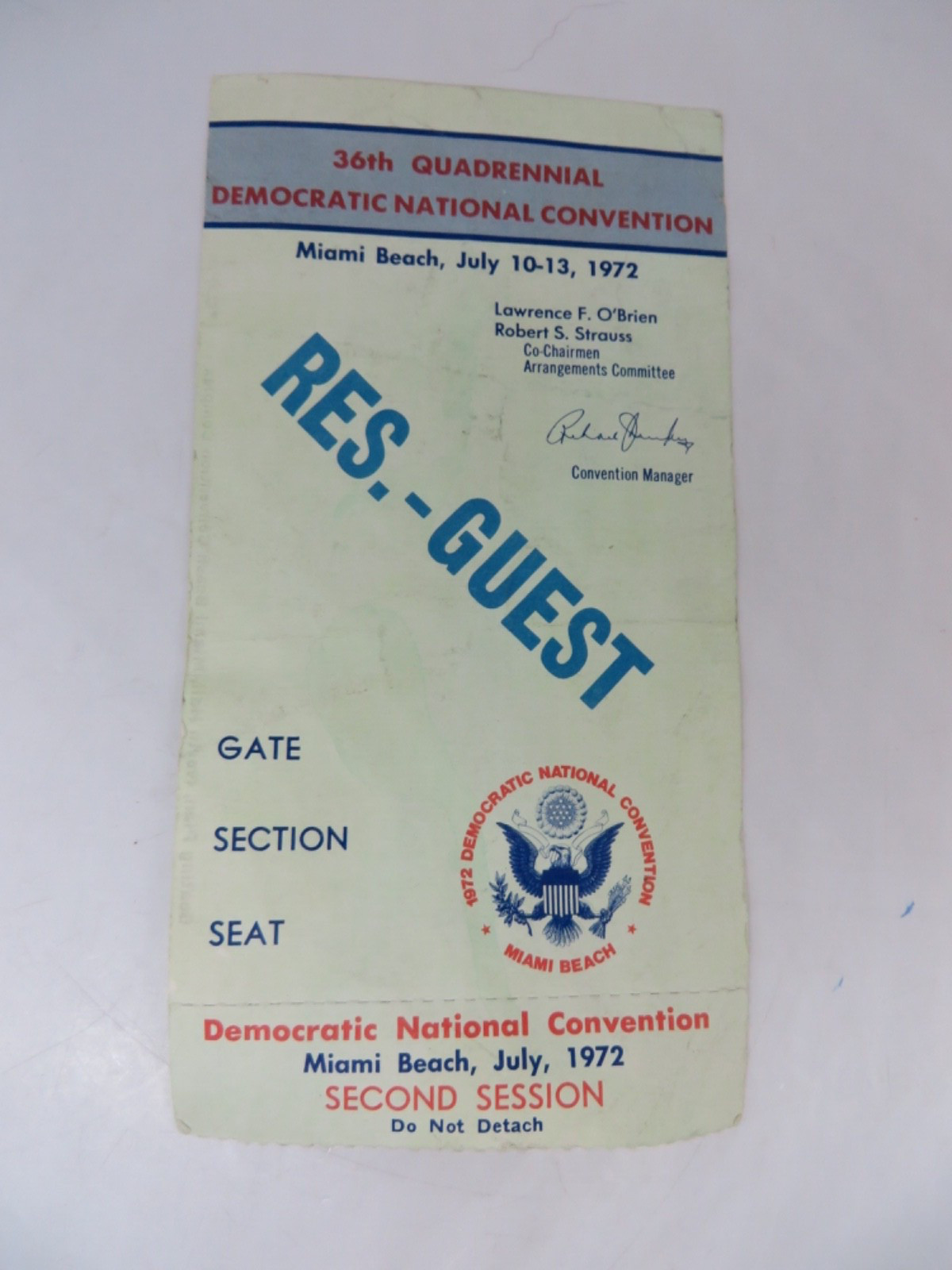 (2) 1972 DEMOCRATIC NATIONAL CONVENTION RESERVED GUEST TICKET STUBS- MCGOVERN