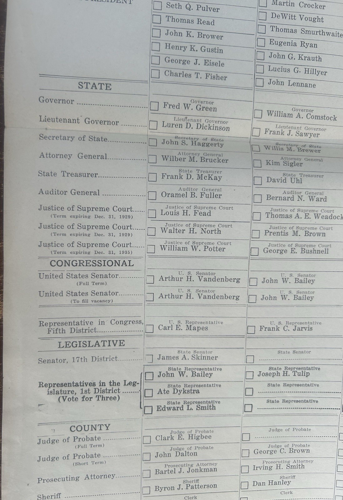 1928 Large 15.5″ x 21″ Michigan Presidential Ballot Prohibition, Socialist etc.