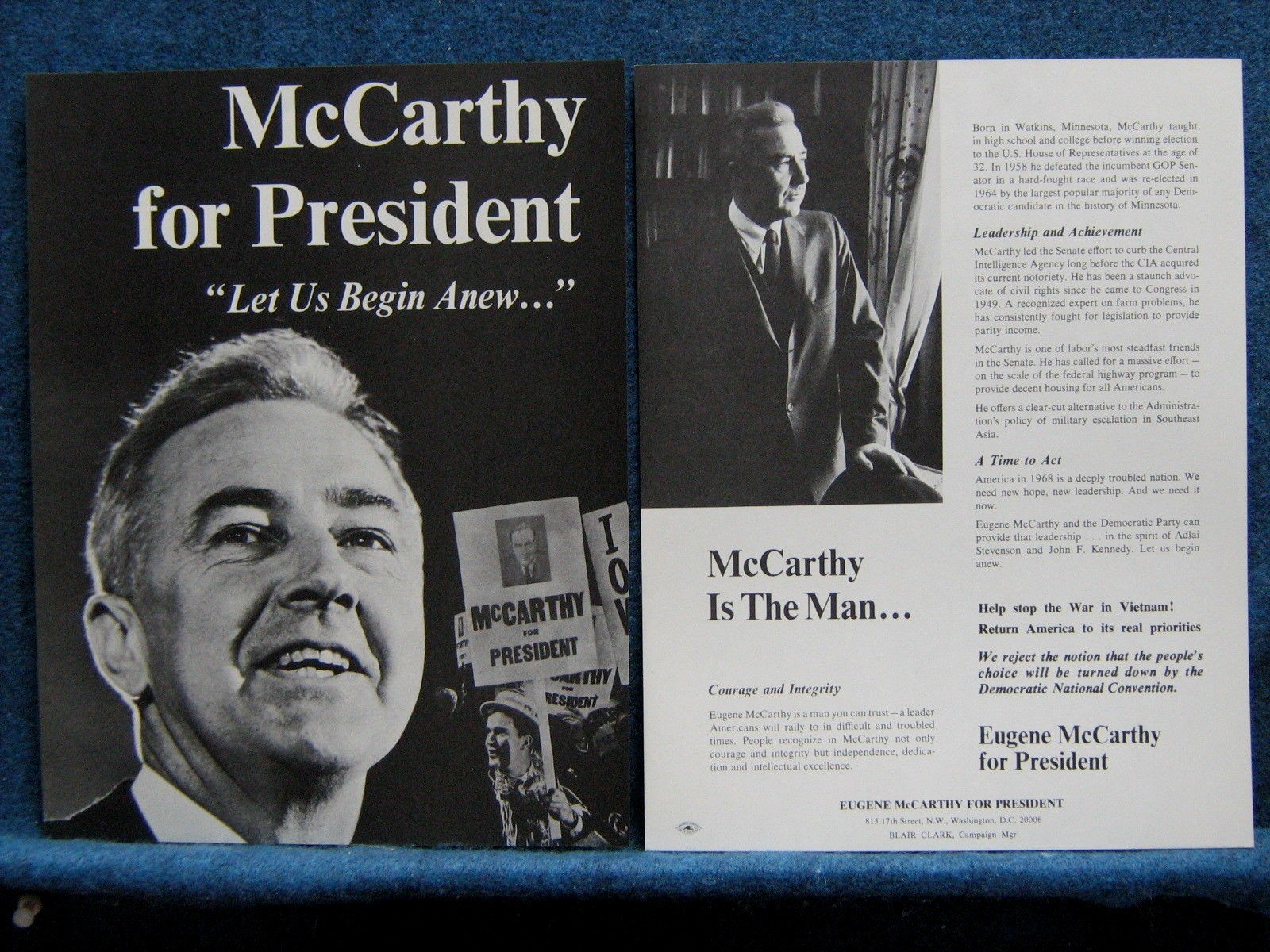 1968 Eugene McCarthy For Pres 2 Sided Flyer – Help Stop War In Vietnam Etc.