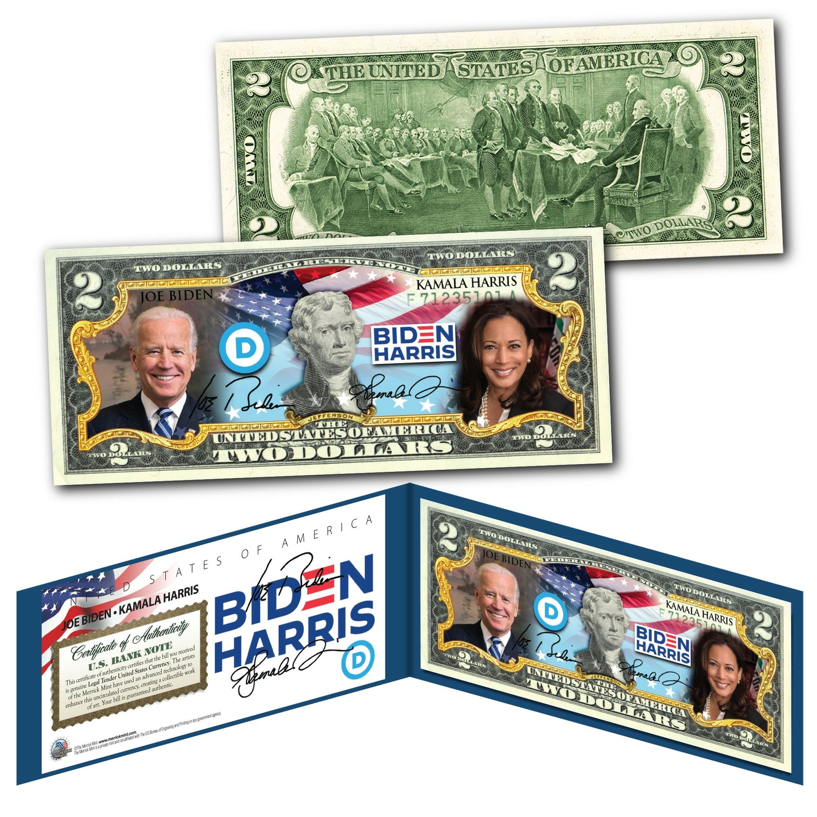 Joe Biden & Kamala Harris Democrat 2020 President and VP Genuine US $2 Bill