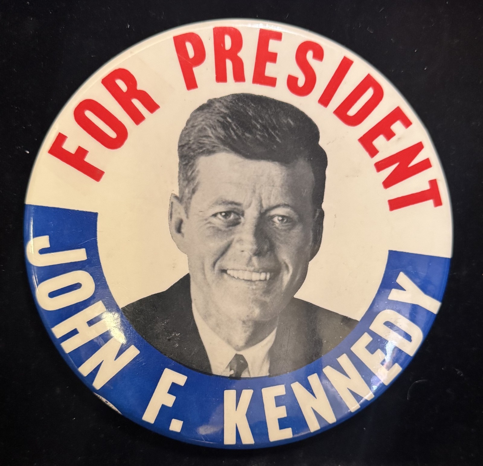 1960 JFK 6″ “FOR PRESIDENT JOHN F. KENNEDY” CELLULOID CAMPAIGN BUTTON-NEAR MINT!