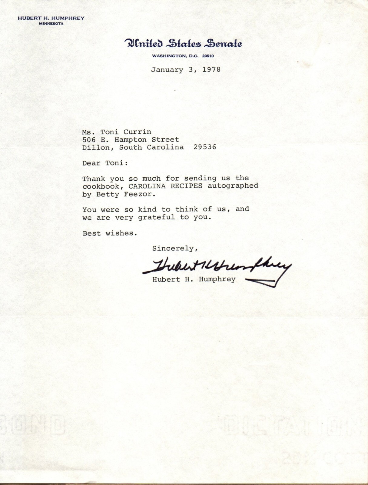 Hubert H. Humphrey – Typed Letter Signed – US Senate – 1/3/1978