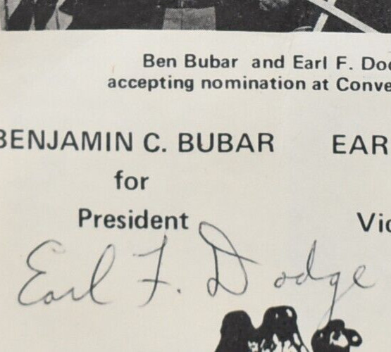 1976 Ben Bubar Earl Dodge Autographed Sign Prohibition Party President Vote Dry