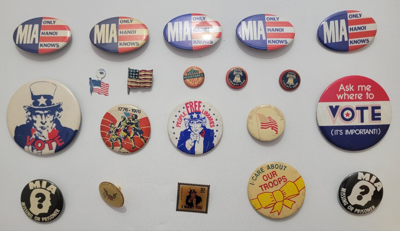 U.S.A. Patriotic Buttons And Pins From 1976-1980s Lot (20) Uncle Sam & M.I.A.