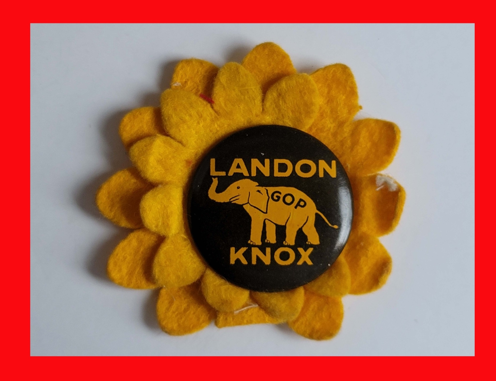 1936 POLITICAL BUTTON LANDON KNOX WITH FELT SUNFLOWER FLOWER PINBACK LARGER SIZE