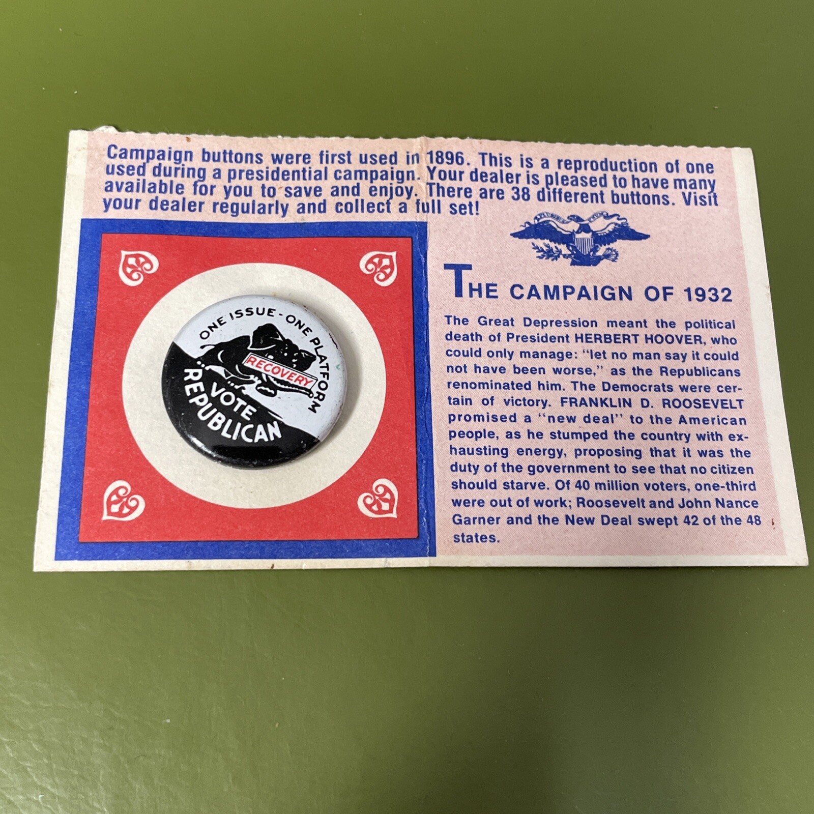 1932 Vote Republican Reproduction Button Pin on Card