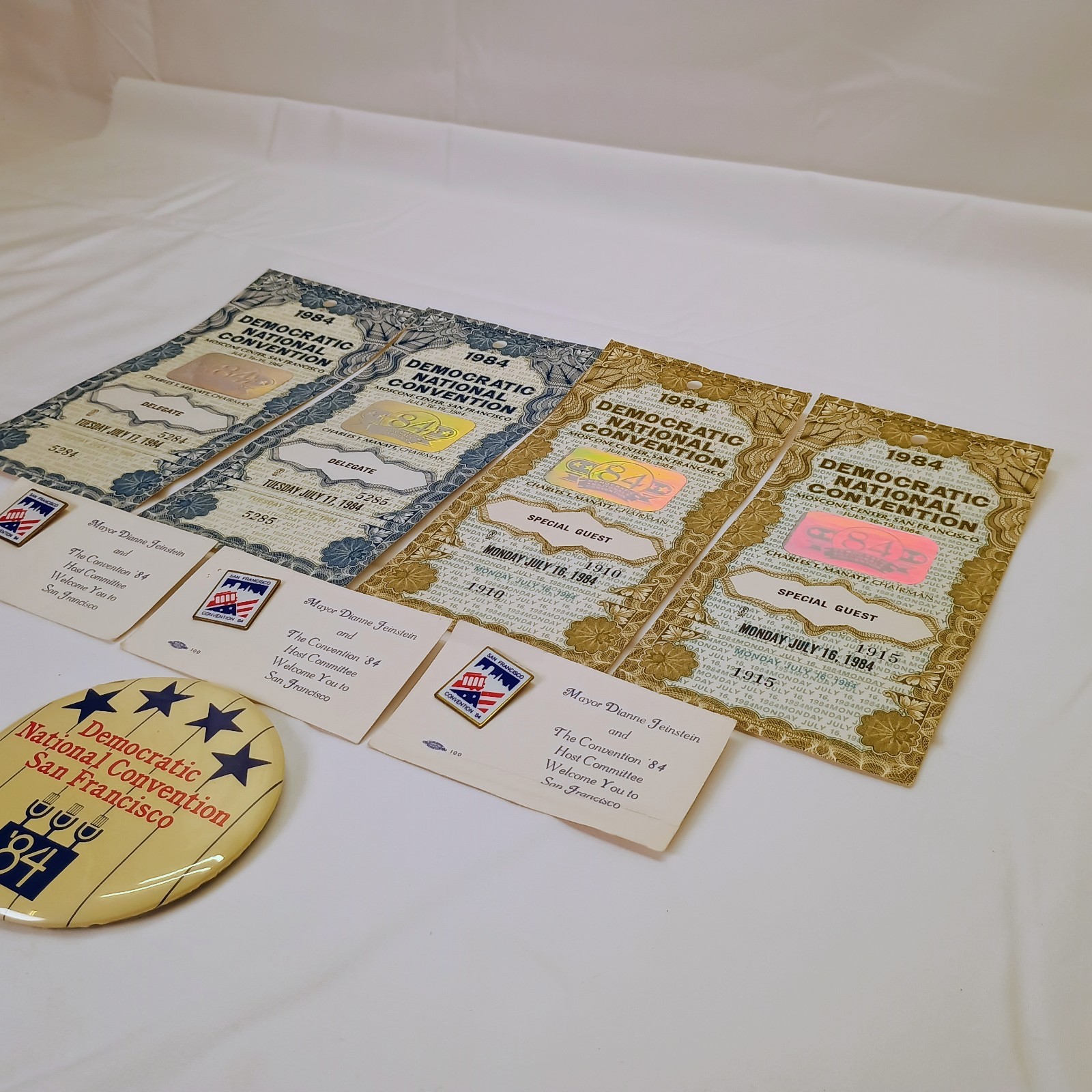 1984 Democratic National Convention Delegate Collection w/ 4 Pass Pins + Button