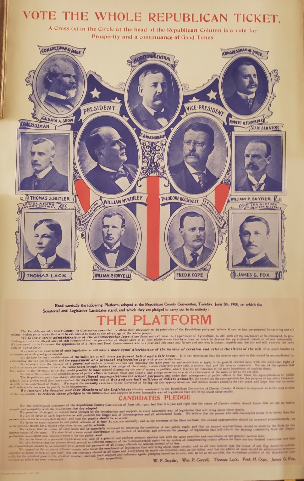 VINTAGE 1967 POLITICAL POSTER~1900 Ticket William McKinley Teddy Roosevelt 20×29