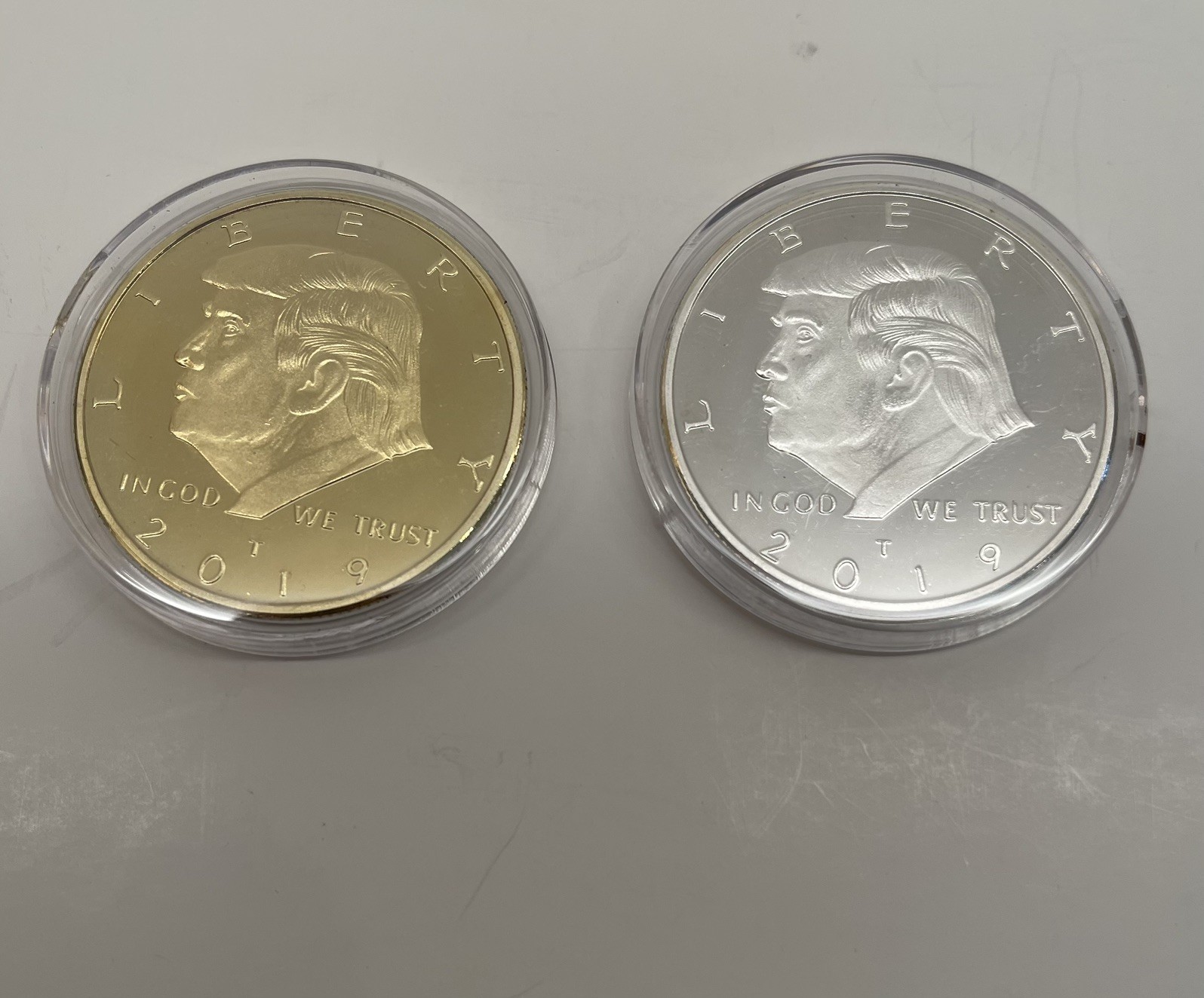 2019 Donald Trump Gold Plated and Silver Plated Two Coin Set in a hard capsule.