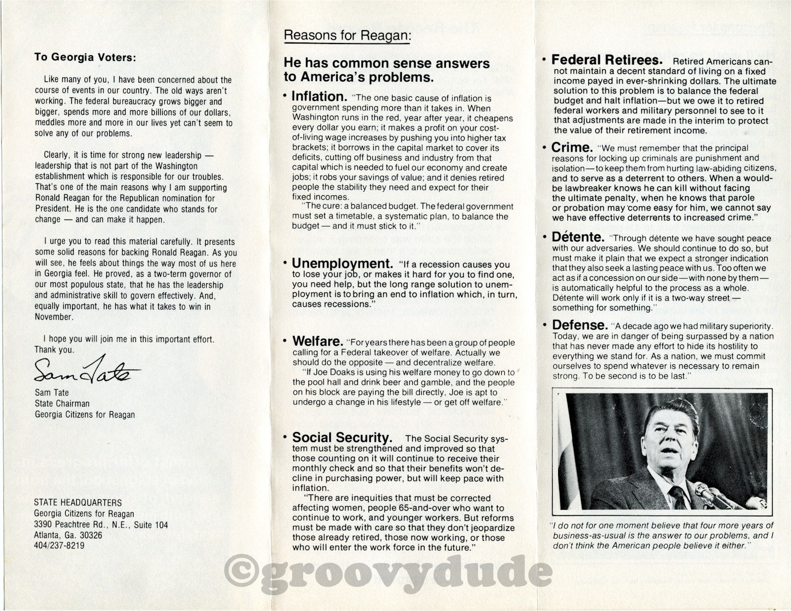1976 Governor Ronald Reagan For President Georgia Political Campaign Brochure GA