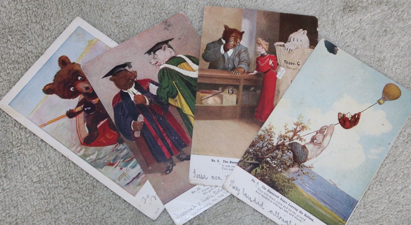 4 Original (Theodore- Teddy) Roosevelt Bear Postcards, 1906-07, Ullmsn etc.