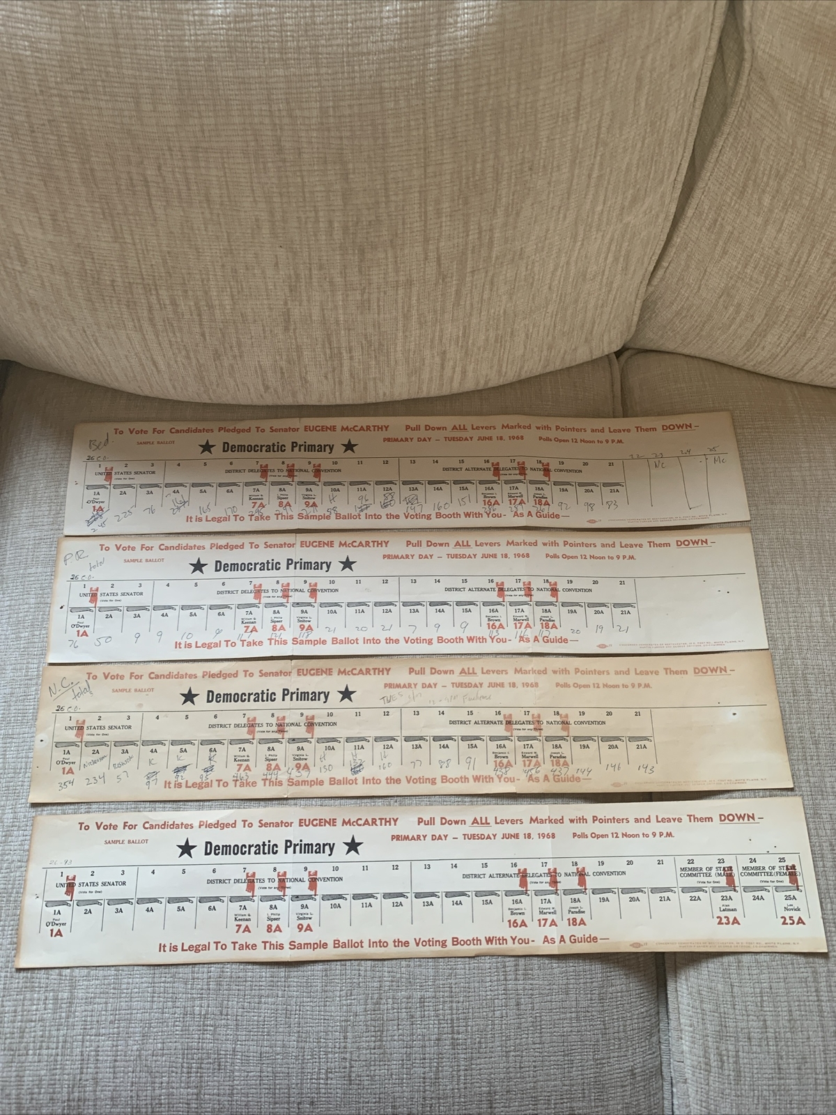 1968 June 18 Democratic Conv. Primary 4 Sample Ballots Senator Eugene McCarthy