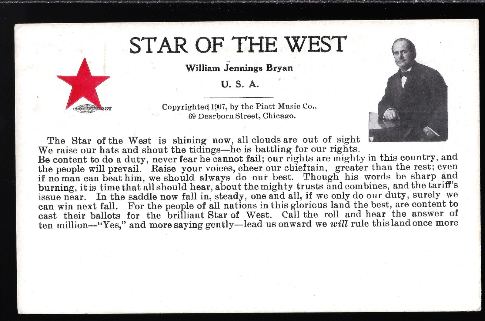 1908 Wm J Bryan Star of West Set #10 Prez Campaign Postcard Piatt Music w/ Text