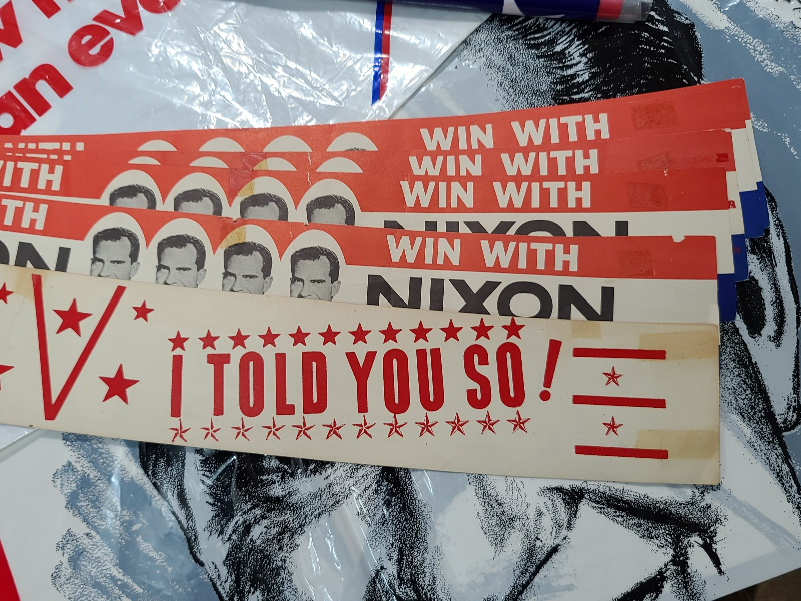 2x 1968 Presidential Campaign Poster Nixon’s The One Plastic Sheet & 6 Hat Bands