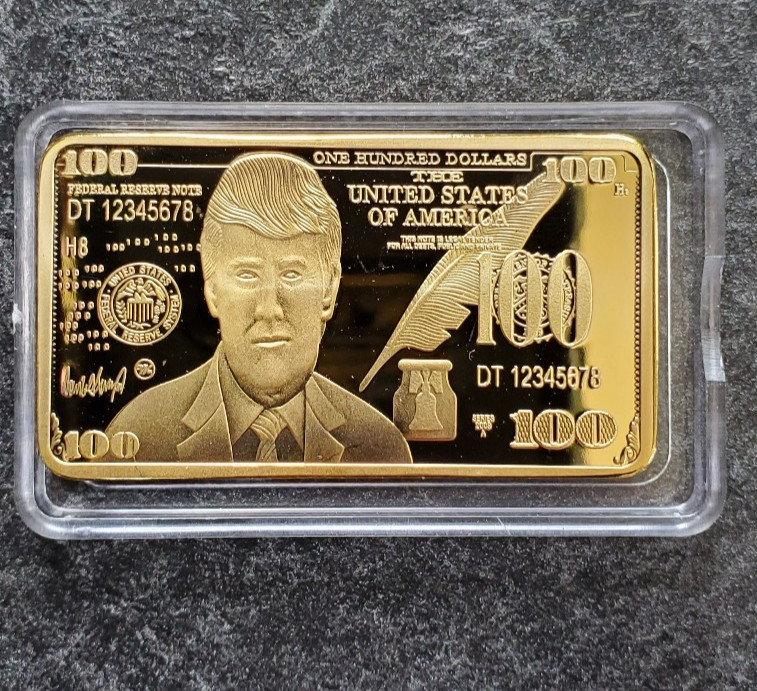 DONALD TRUMP 24K GOLD PLATED $100 BULLION BAR COLLECTABLE INGOT PROTECTIVE CASE