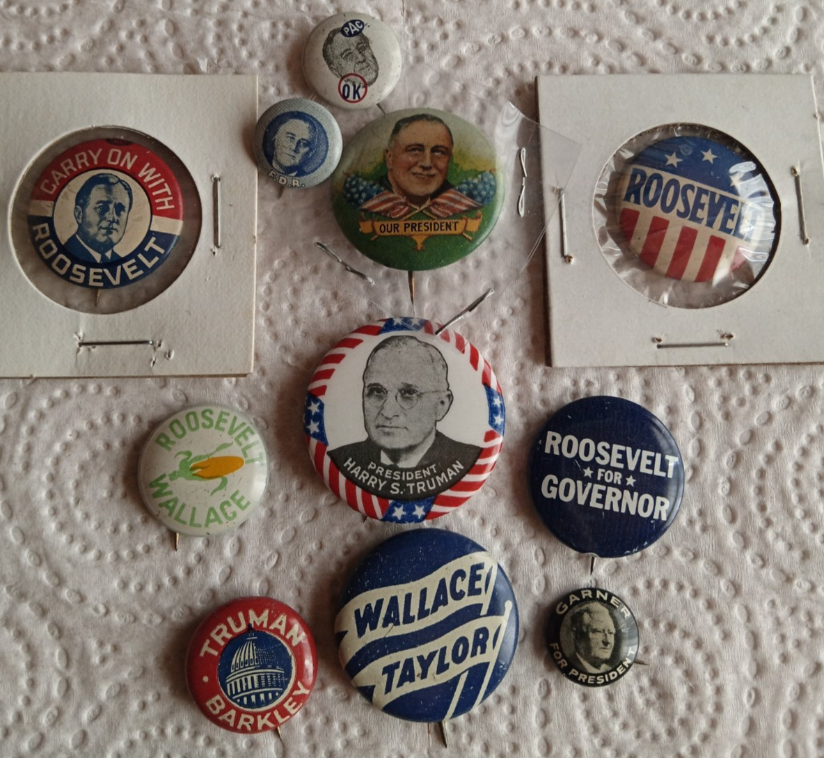 President Franklin D Roosevelt,Garner,Wallace,Truman Pins NO RUST 10 lithos 1Cel