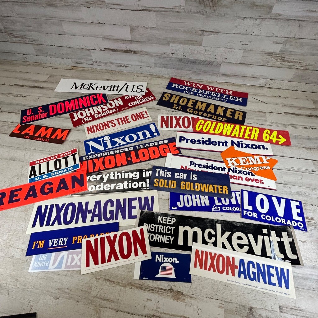 Lot 25+ Vintage Political Bumper Stickers Nixon Reagan Goldwater 1960s-80s