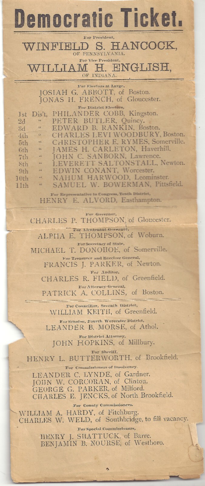 MA 1880 Democratic Ticket ~ WINFIELD S. HANCOCK For PRESIDENT Wm English for VP