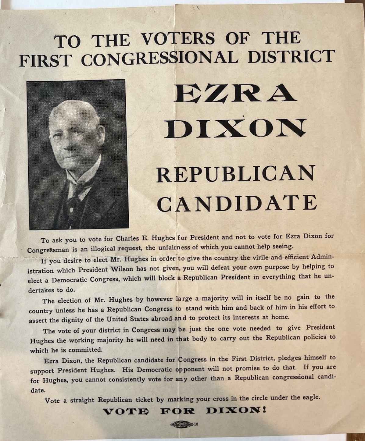 Charles Evans Hughes And Ezra Dixon Coattail Flyer 1916 Presidential Campaign