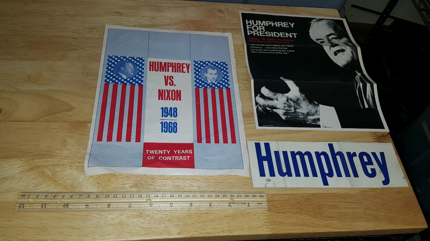 LOT OF THREE HUMPHREY VS NIXON PRESIDENTIAL CAMPAIGN ITEMS BROCHURE BUMPER STICK